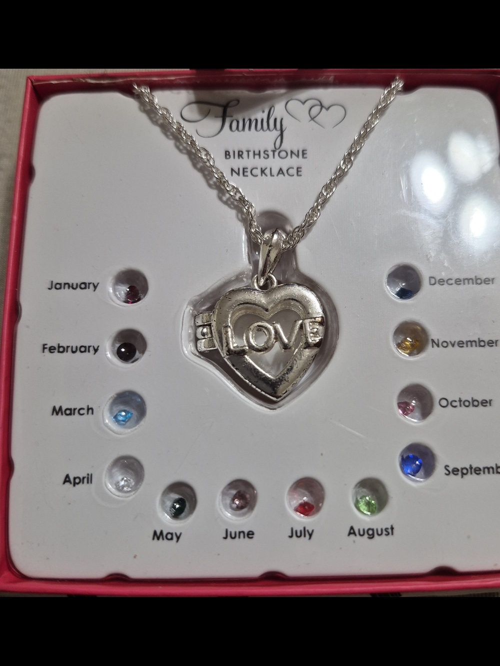 BNIB Family Birthstone Silver Heart 'LOVE' Necklace